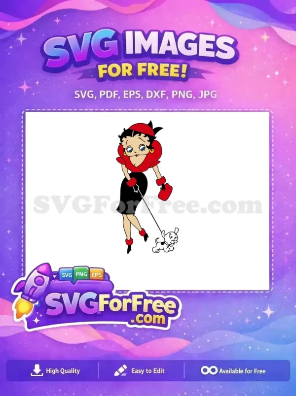A free Betty Boop vector, walking her dog, showcasing a classic pose. This free design is perfect for fans.