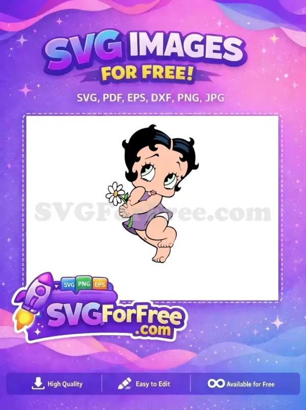 Free baby Betty Boop cartoon holding a white daisy, looking up. A charming, free SVG design for crafts and apparel.