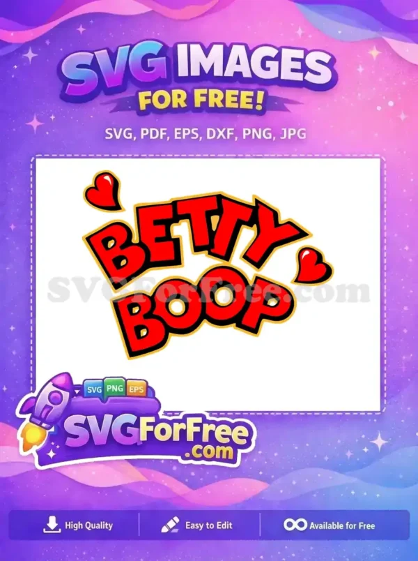 A free Betty Boop logo design, featuring bold red letters with black and yellow outlines, surrounded by charming hearts. Download this free SVG.