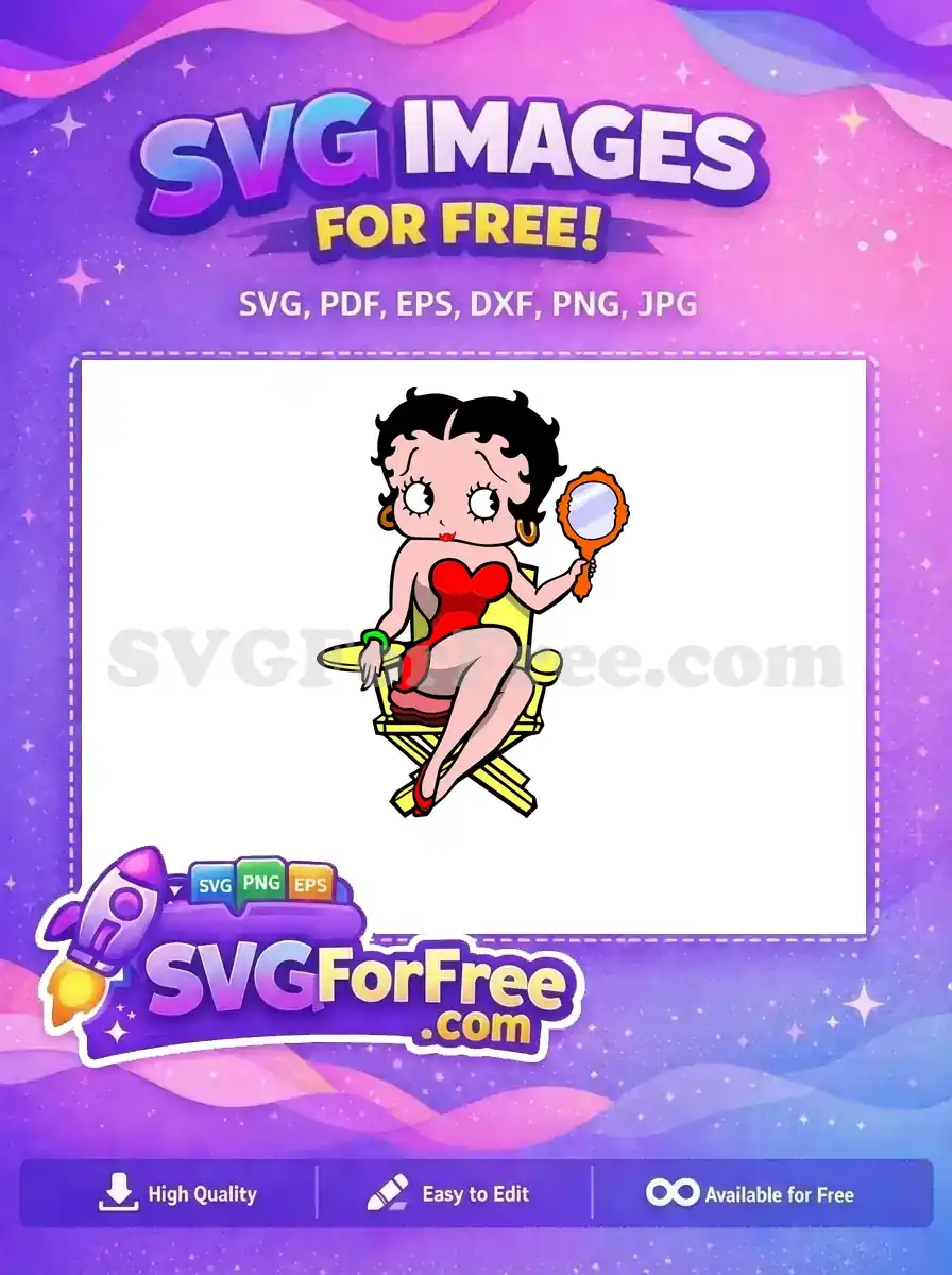A free Betty Boop SVG, seated in a yellow chair, holding a mirror, ideal for various free craft projects.