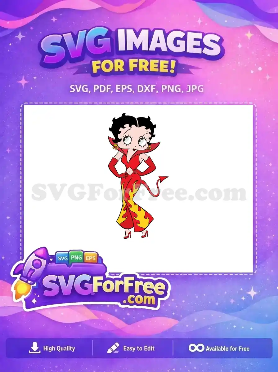Free Betty Boop devil SVG, a mischievous character in a fiery red dress with a tail and trident earrings. Ideal free vector.