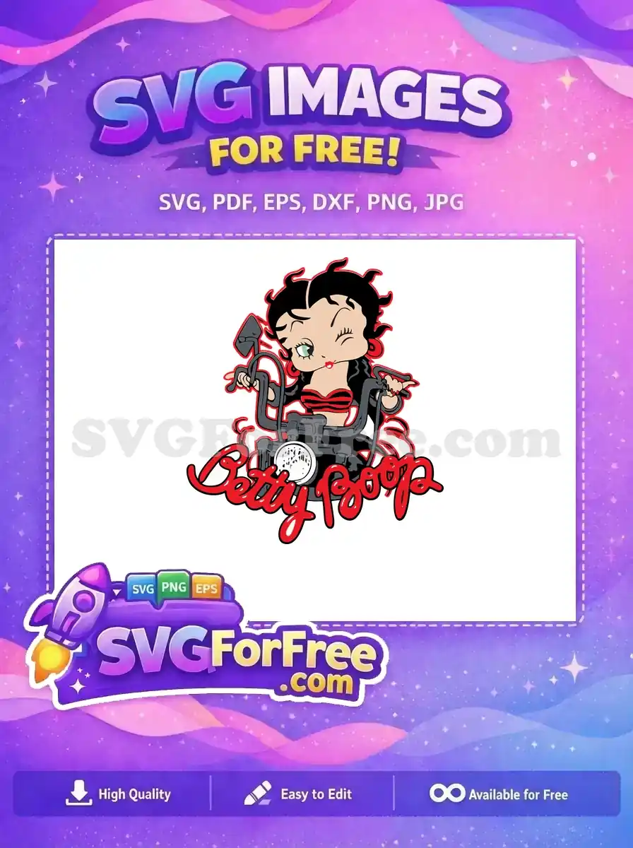 Free Betty Boop riding a motorcycle, winking playfully, with 'Betty Boop' text below. A dynamic free SVG design.