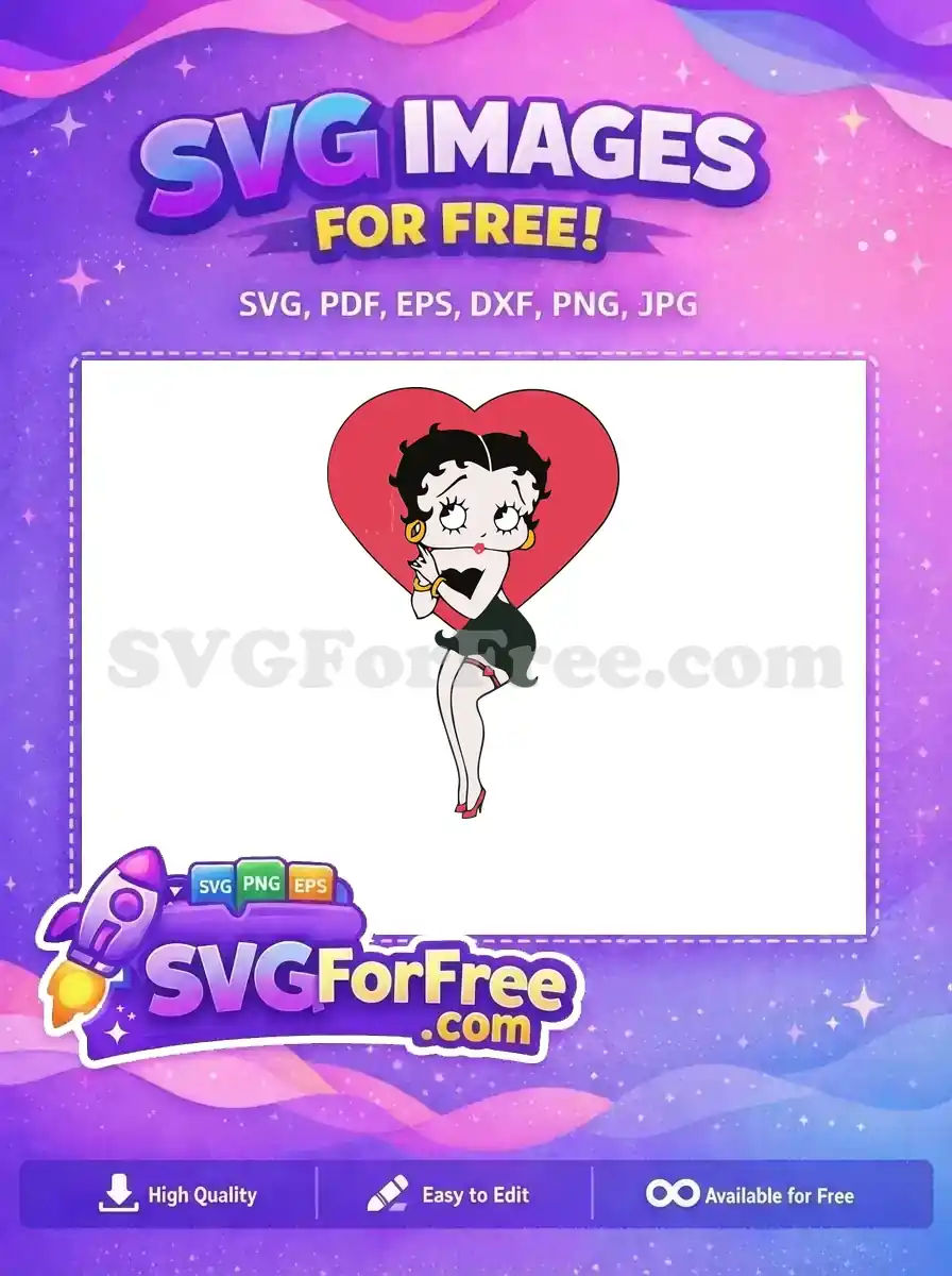 A captivating free Betty Boop character vector, posed playfully against a vibrant red heart background. This free design is ideal for fans.