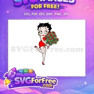 Free Betty Boop vector art: classic character in a red dress, holding a vibrant bouquet of red roses, striking a pose.
