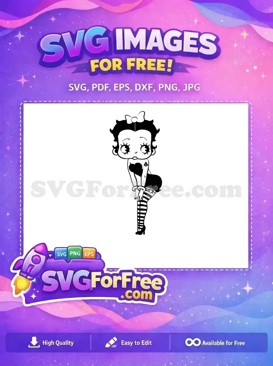 Iconic free Betty Boop SVG, featuring her classic pose with striped stockings and a spade tattoo. A must-have free vector.