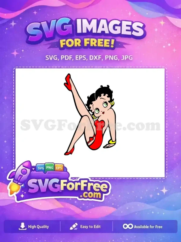 A vibrant free SVG of Betty Boop in a classic pin-up pose, wearing a red outfit and heels, perfect for retro projects.