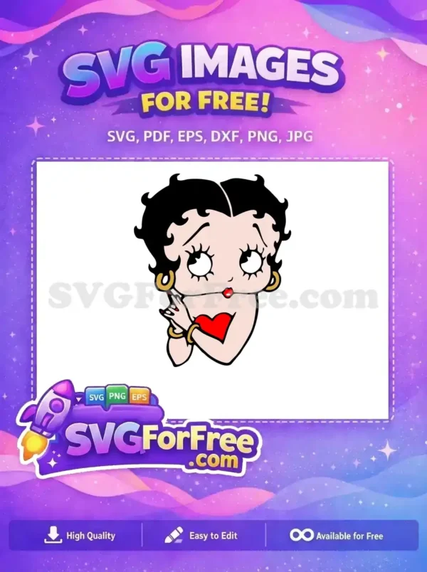 Free Betty Boop vector art, showcasing her classic look with expressive eyes, red lips, and heart detail. A free design.