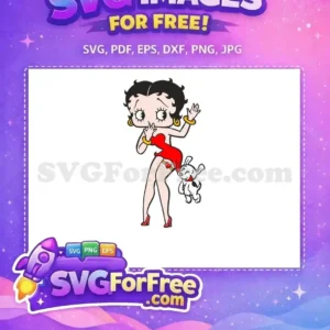 A vibrant free SVG of Betty Boop with her dog Pudgy, playfully pulling her red dress. A charming, free cartoon vector.