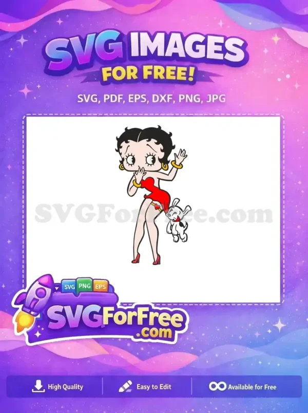 A vibrant free SVG of Betty Boop with her dog Pudgy, playfully pulling her red dress. A charming, free cartoon vector.