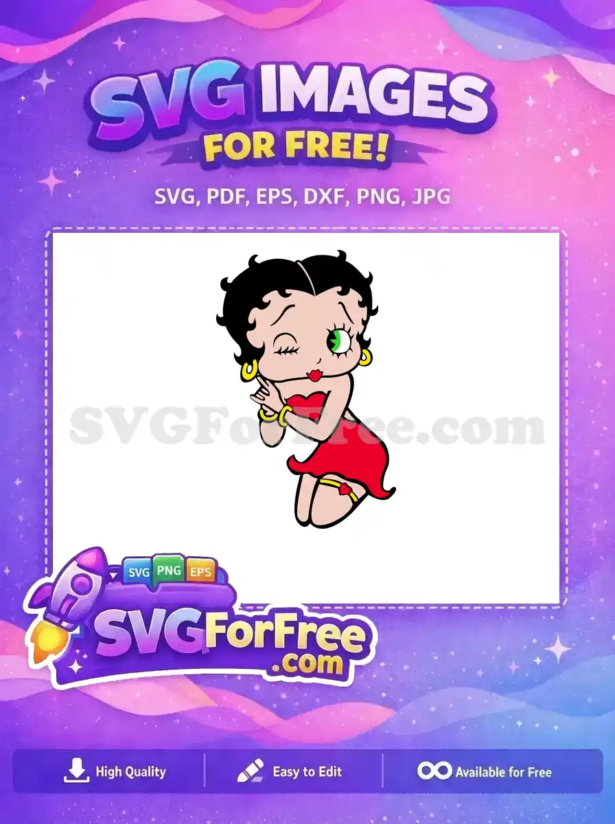 A free Betty Boop SVG, winking playfully in a red dress with gold accessories, ready for your creative projects. Download this free iconic design now!