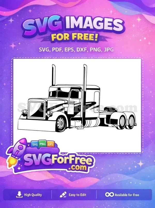 This free SVG features a classic American semi-truck, a bold black and white outline perfect for various creative designs.