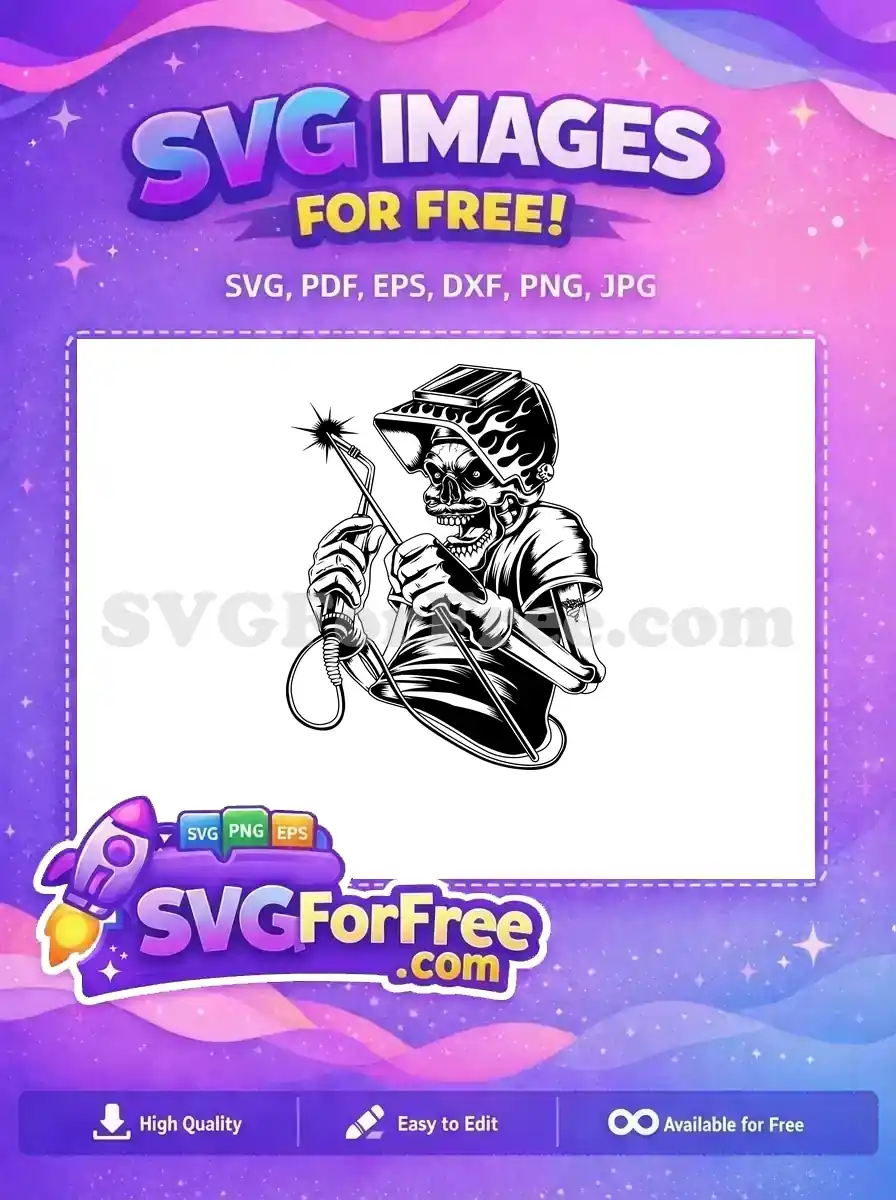 A free SVG of a detailed skeleton welder with a flaming helmet and sparking torch, emphasizing this free design's bold artistry and free availability for creative projects.