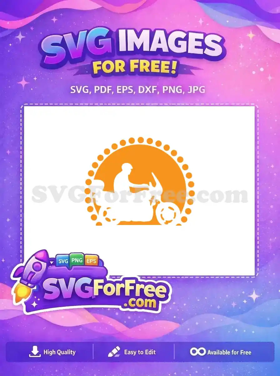 Free SVG design featuring a silhouette of a touring motorcycle with a rider in a helmet, set against an orange sunburst with decorative dots. Ideal for free craft projects.