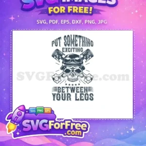 Free biker skull design with helmet, goggles, and crossed pistons, featuring a bold, exciting phrase.