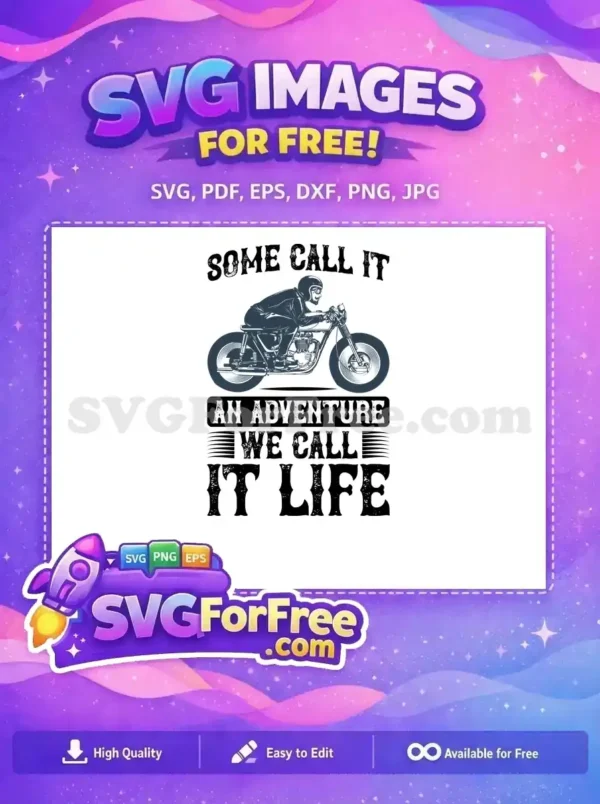 Discover this free motorcycle adventure design, featuring a retro rider with a beard and helmet on a cafe racer, urging us to call life an adventure. It's a fantastic free design.