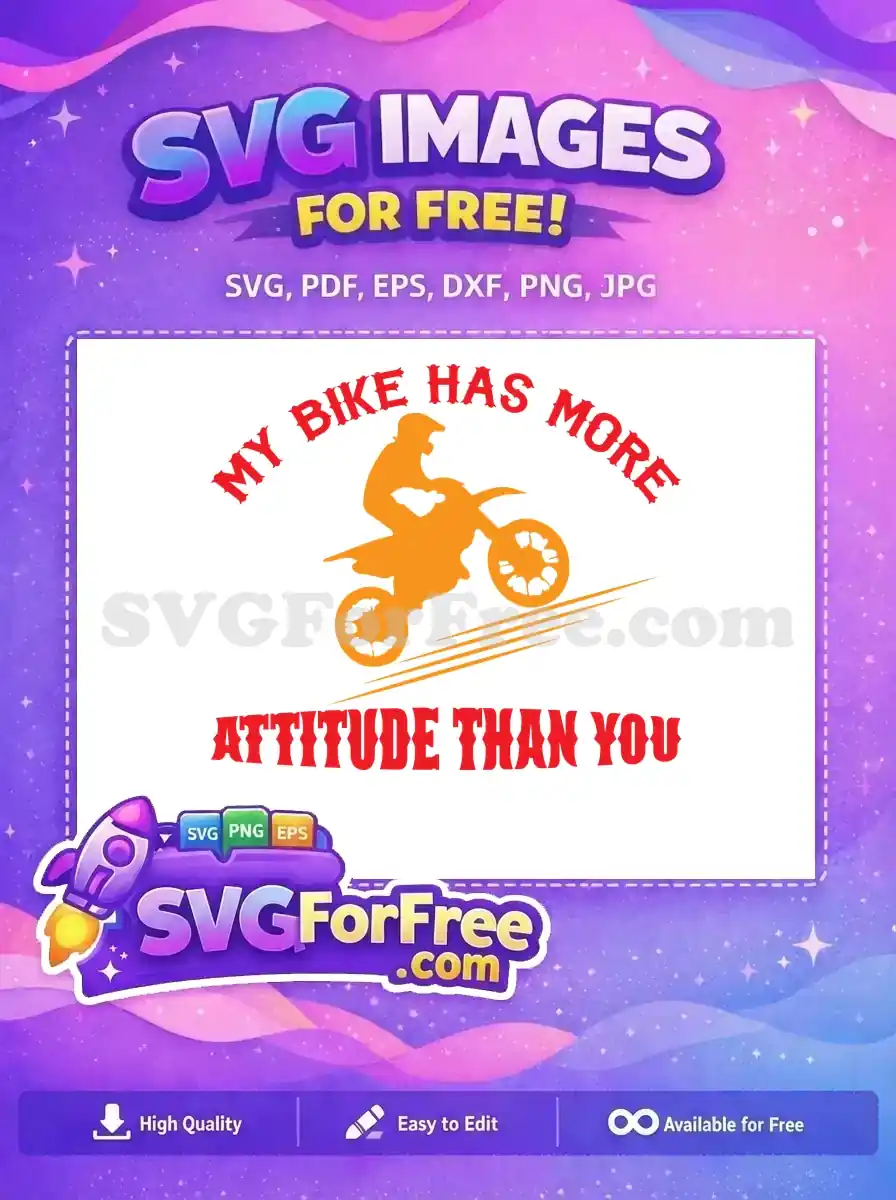 Dynamic free dirt bike SVG design featuring a rider doing a wheelie with bold 'ATTITUDE' text. This free design is perfect for enthusiasts.