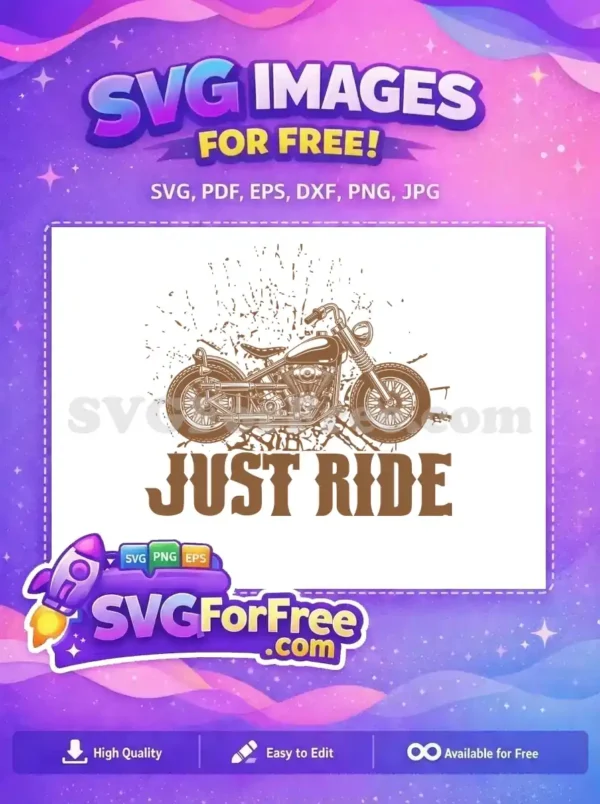 Free Vintage Motorcycle SVG Design – Ride On! Download this free vintage motorcycle SVG design, featuring a classic bike with distressed texture and 'JUST RIDE' text.