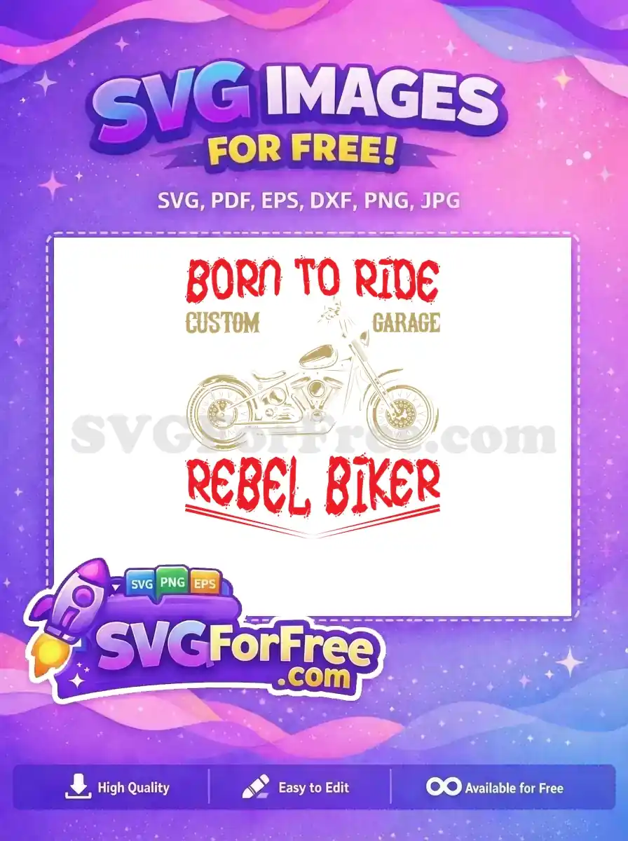 Free Born to Ride Rebel Biker SVG design, featuring a vintage gold motorcycle outline and distressed red text. Ideal for custom projects and apparel.