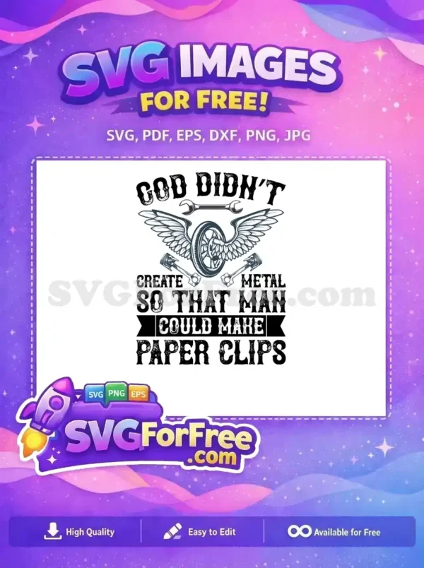 A free SVG design featuring a powerful quote, wrenches, a winged wheel, and pistons, advocating for significant metal creations.