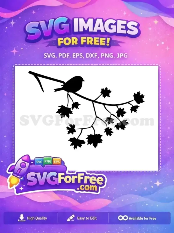 A beautiful free bird silhouette perched on a leafy branch, an ideal free SVG design for nature themes and crafts.