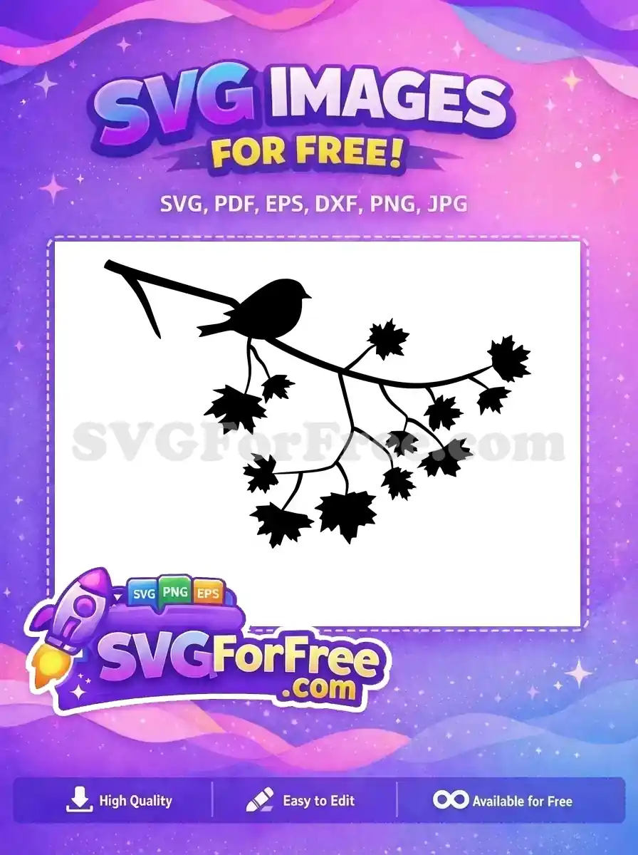 A beautiful free bird silhouette perched on a leafy branch, an ideal free SVG design for nature themes and crafts.