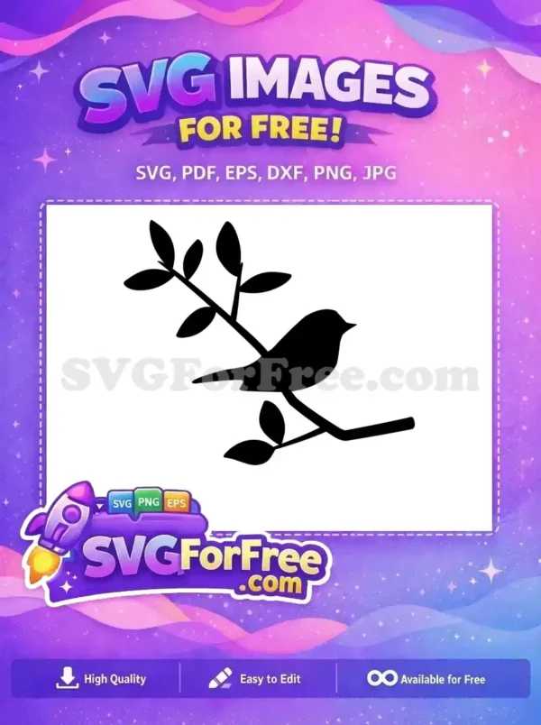Discover this free SVG silhouette of a charming bird perched gracefully on a branch with leaves. Ideal for nature themes.
