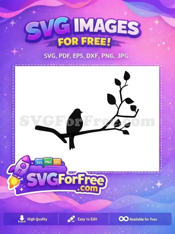 Free Bird on Branch SVG – Elegant Nature Free Design A serene free black silhouette of a bird perched on a leafy branch, an elegant free SVG for diverse design needs.