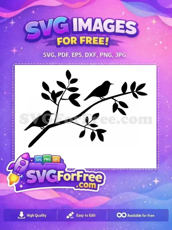 A free minimalist SVG design showcasing a silhouette of a bird perched on a leafy branch above a blank rectangular frame.