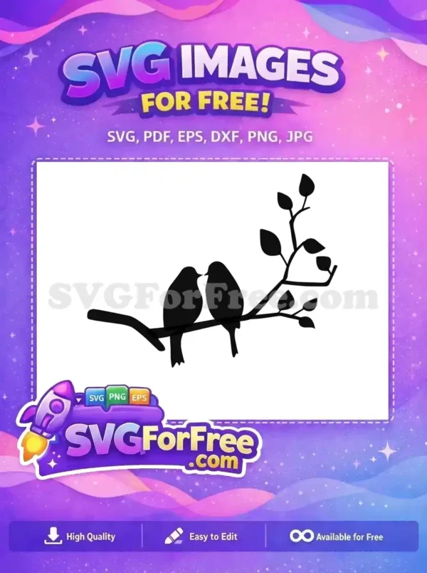 Free Lovebirds on Branch SVG – Charming Nature Design A lovely free design showcasing a silhouette of two birds, possibly lovebirds, perched on a leafy branch with a birdhouse. This free SVG is ideal for crafts.
