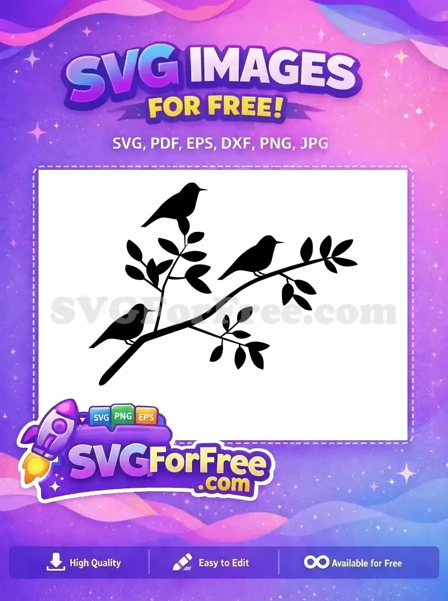 A free black silhouette SVG of a bird perched on a leafy branch, overlooking a large rectangular space. Ideal for free creative projects.