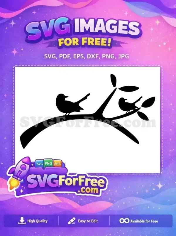 A lovely free design of two bird silhouettes perched on a stylized branch with leaves, ideal for nature-themed projects. Get this free SVG now!