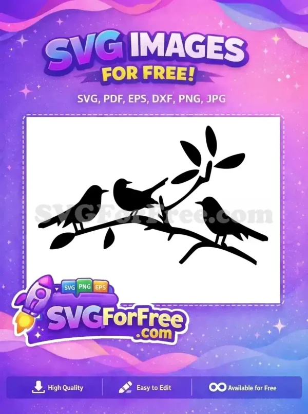 Free Bird on Branch Silhouette Design – Nature’s Charm Discover this free design featuring two elegant bird silhouettes perched on a leafy branch, ready for your creative projects.