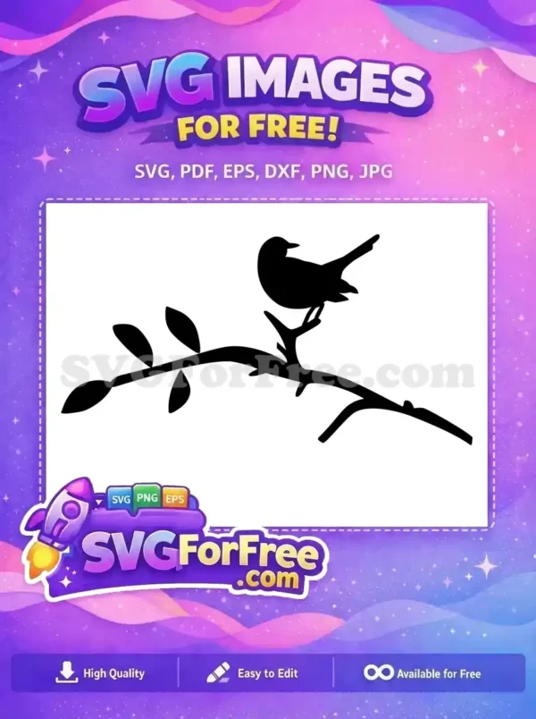 A charming free design of a bird silhouette perched on a leafy branch, ideal for nature-themed creative projects.