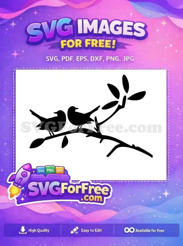Two sweet black bird silhouettes perch on a leafy branch. A delightful, free nature-themed SVG design.