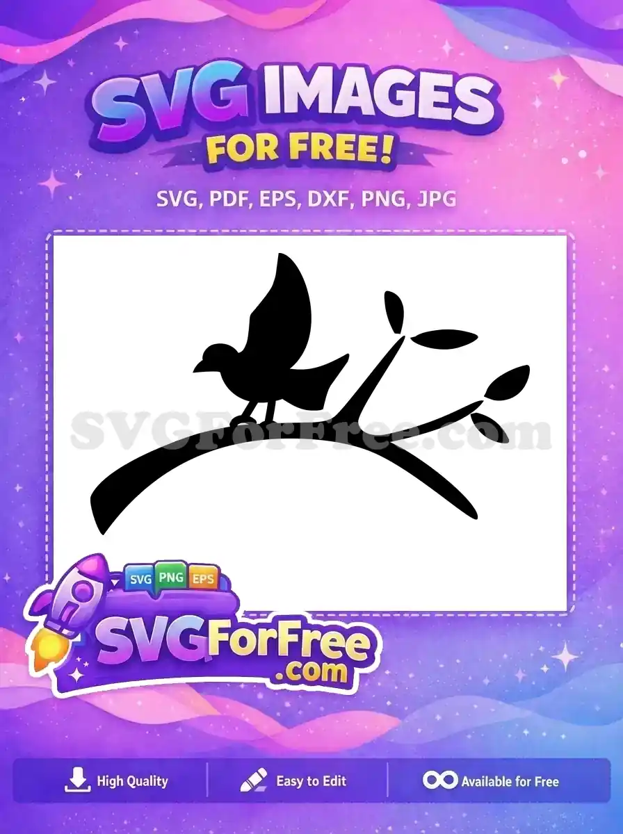 A graceful free SVG of a black silhouette bird with wings spread, perched on a leafy branch. Ideal for crafting.