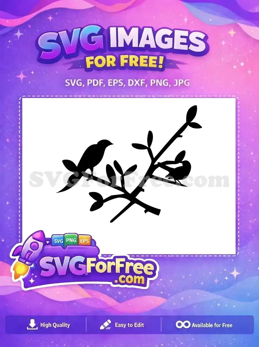 A beautiful free SVG design featuring two elegant bird silhouettes perched on a leafy branch. Ideal for various projects.