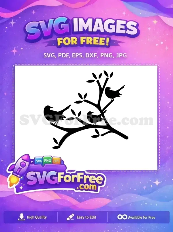 Free Birds on Branch SVG – Elegant Nature Design for All A captivating free SVG of three bird silhouettes on a leafy branch, offering serene nature aesthetics for your free crafting projects.