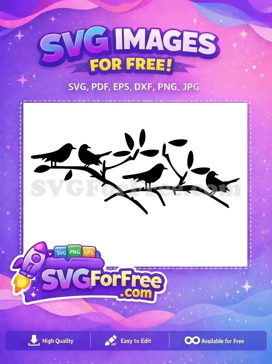 A free design of four charming bird silhouettes perched on a leafy branch, ideal for nature-themed crafts and decor, offering free artistic flexibility.