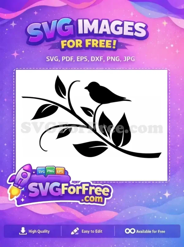 A minimalist black and white free design showcasing a bird and a leaf peeking over a horizontal line. Ideal free nature SVG.