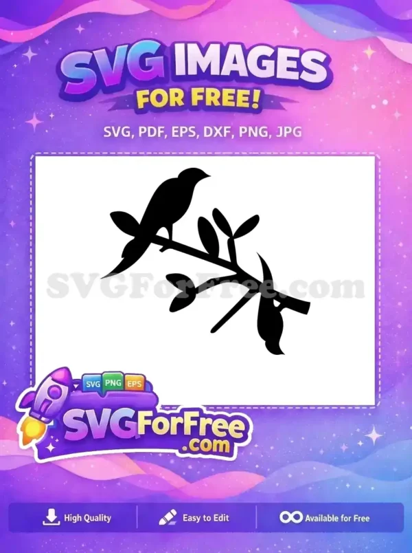 Elegant free black silhouette of a bird perched on a leafy branch, ideal for nature-themed digital projects. Download this free design now!