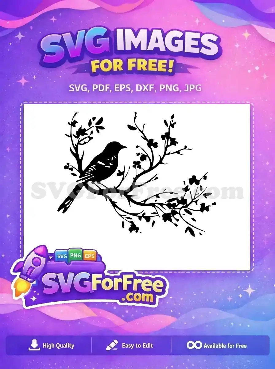 A free elegant silhouette of a bird perched on a blossoming branch, ideal for nature-themed designs. This free SVG is perfect for crafters.