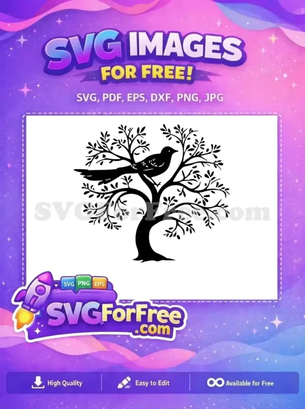 Free Bird on Tree SVG Design – Nature’s Beauty Free! A striking free silhouette SVG of a bird perched on a leafy tree, ideal for diverse creative projects. Download this free design now!