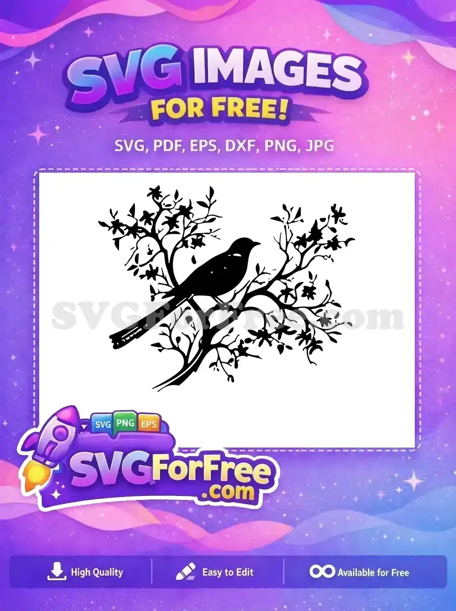 A free elegant black bird silhouette perched on a leafy branch, an ideal free SVG for nature, decor, and craft projects.
