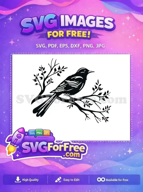 Download this beautiful free SVG of a detailed bird perched elegantly on a leafy branch for all your creative projects now.