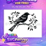 Free Bird on Branch Silhouette Free Detailed Linocut Art Birds Silhouette Free SVG - Instant Download