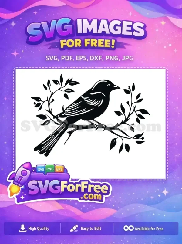 Free Bird on Branch SVG – Elegant Nature Design Download Free elegant black silhouette of a bird perched on a leafy branch, ideal for crafting and custom projects.
