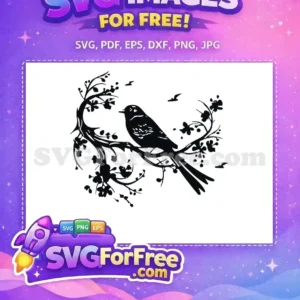 A stunning free silhouette design of a bird perched on a flowering branch with small birds flying. Perfect free vector art.