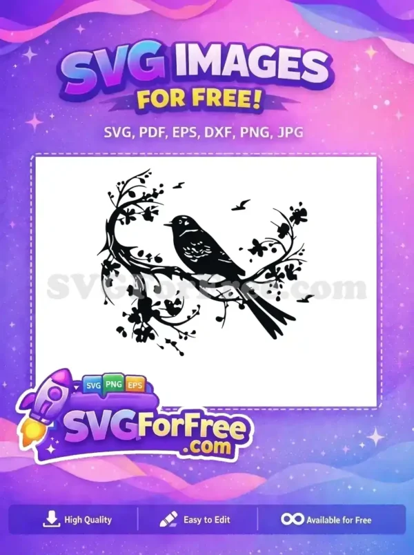 A stunning free silhouette design of a bird perched on a flowering branch with small birds flying. Perfect free vector art.