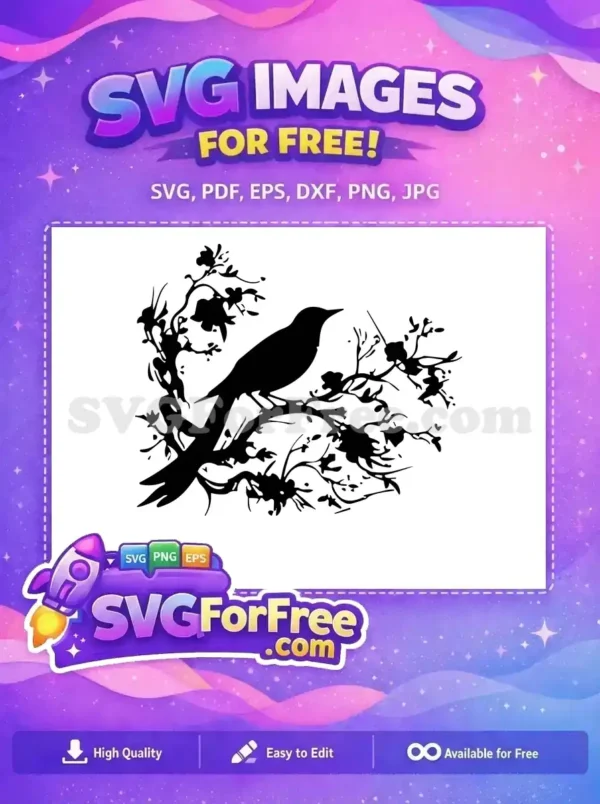 A stunning free SVG silhouette of a bird perched gracefully on an intricate, leafy branch. This free design is ideal for nature-themed projects and crafts.