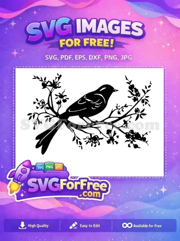 Free Bird on Branch SVG – Elegant Nature Design Free Cut File Free bird silhouette perched on a leafy branch, an elegant nature-inspired SVG design for free download.